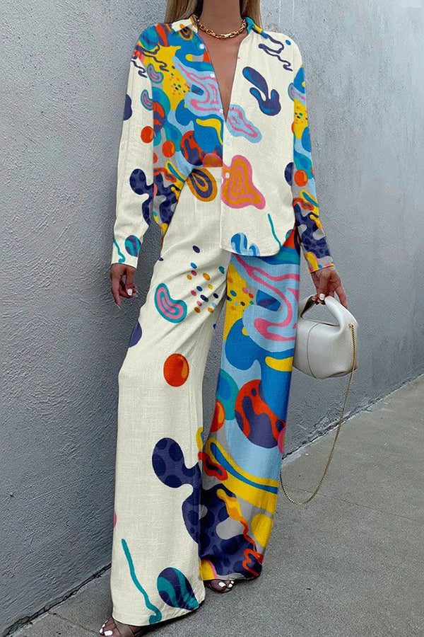 Stunning Art Print Buttoned Wide Leg Pant Suit