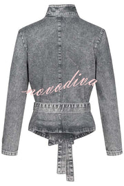 Casual Meetup Denim Stand Neck Long Sleeve Belted Loose Jacket