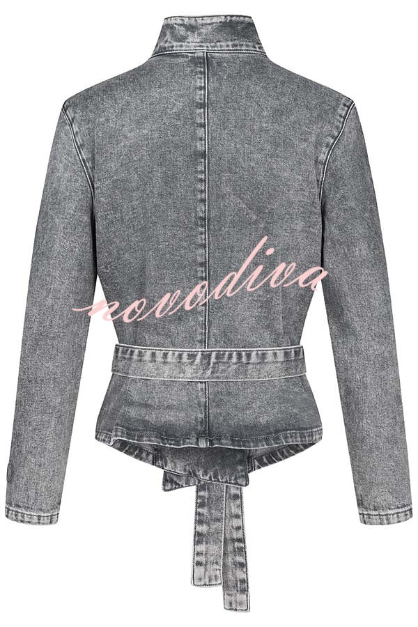 Casual Meetup Denim Stand Neck Long Sleeve Belted Loose Jacket