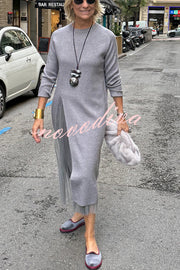 Jollie Knit Long Sleeve Front Slit Midi Sweater and Pleated Tulle Stretch Tank Midi Dress Two-piece Set