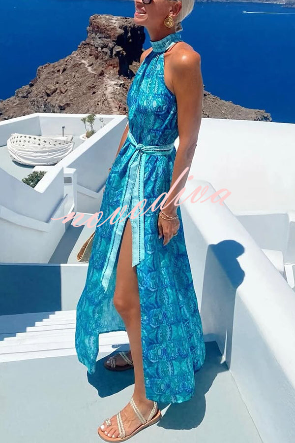 Unique Print Sexy Off-the-shoulder Waist Tie Slit Holiday Midi Dresses