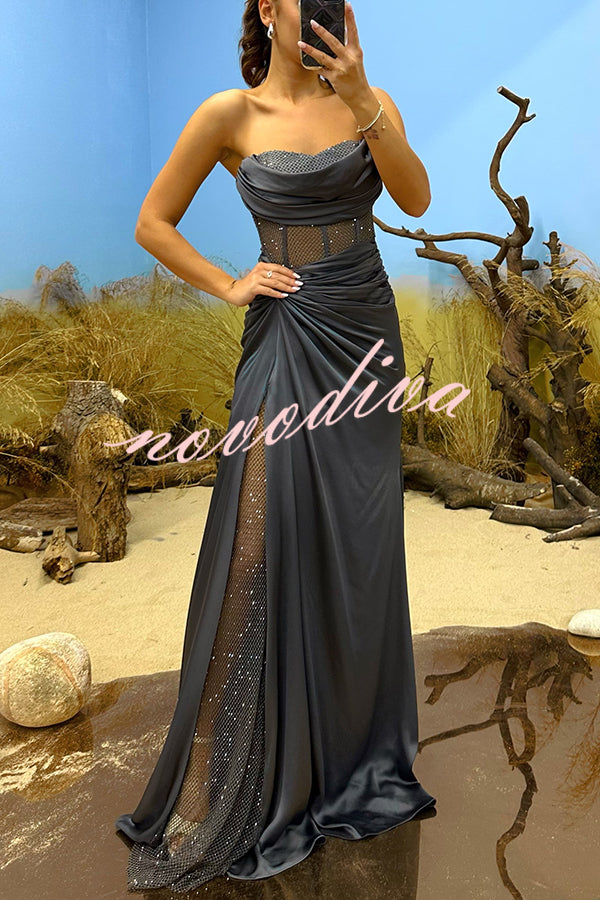 Essie Satin Rhinestone Patchwork Twist Waist Strapless Slit Maxi Dress