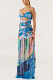 Colorful Ocean Mesh Printed Twist Cutout Off Shoulder Vacation Maxi Dress