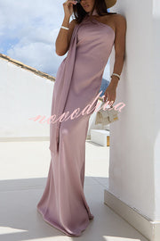 Cheers Babe Satin Solid Color Elegant One Shoulder Tie Maxi Dress