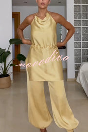 Satin Solid Color Loose Backless Casual Top