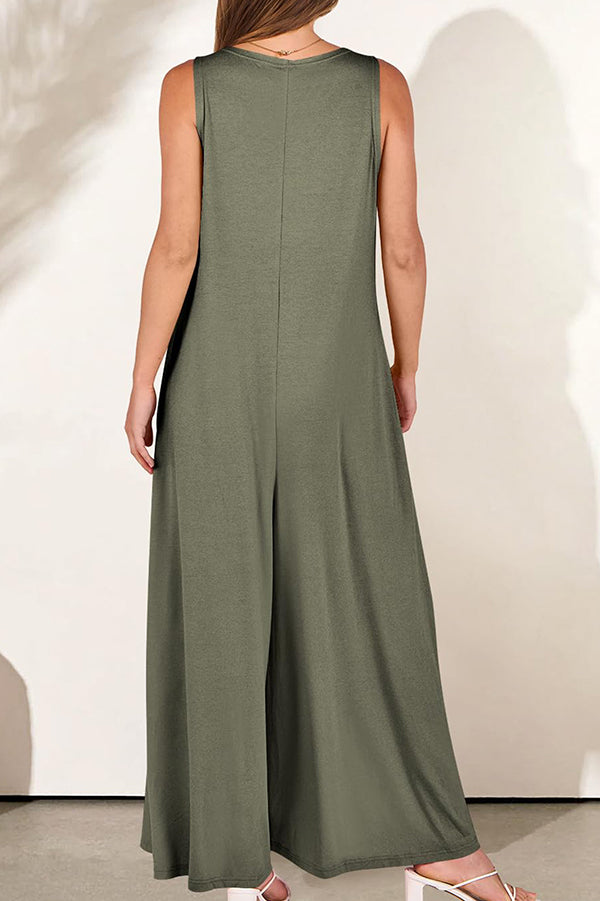 Solid Color V-neck Sleeveless Loose Pocket Wide-leg Jumpsuit