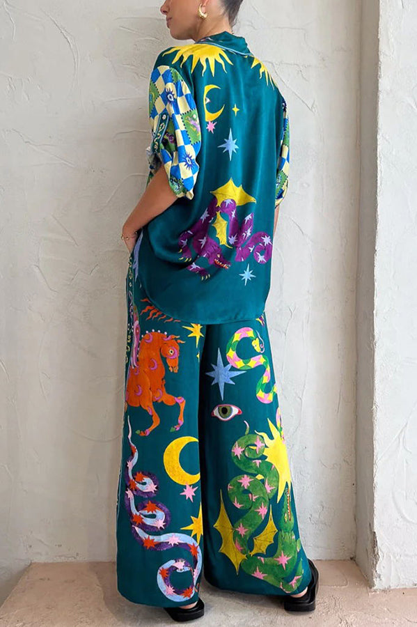 Holiday Pierson Linen Blend Unique Print Elastic Waist Pocketed Wide Leg Pants