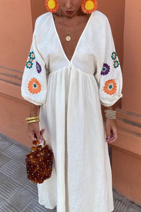 Floral Print V-neck Lantern Sleeves Backless Maxi Dress