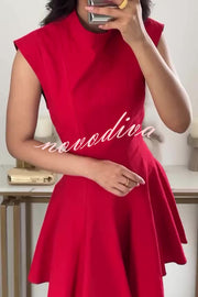 Solid Color Round Neck Sleeveless Waist Mini Dress