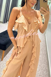 Agnes Chiffon Ruffle Front Slit Midi Slip Top and Elastic Waist Pocket Loose Pants Set