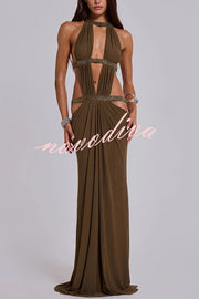 Khaki Hot-fix Rhinestone Shoulder Strap Cutout Design Backless Drape Maxi Dress