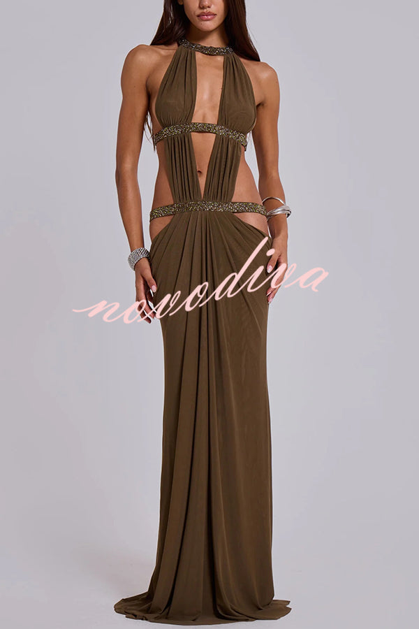 Khaki Hot-fix Rhinestone Shoulder Strap Cutout Design Backless Drape Maxi Dress