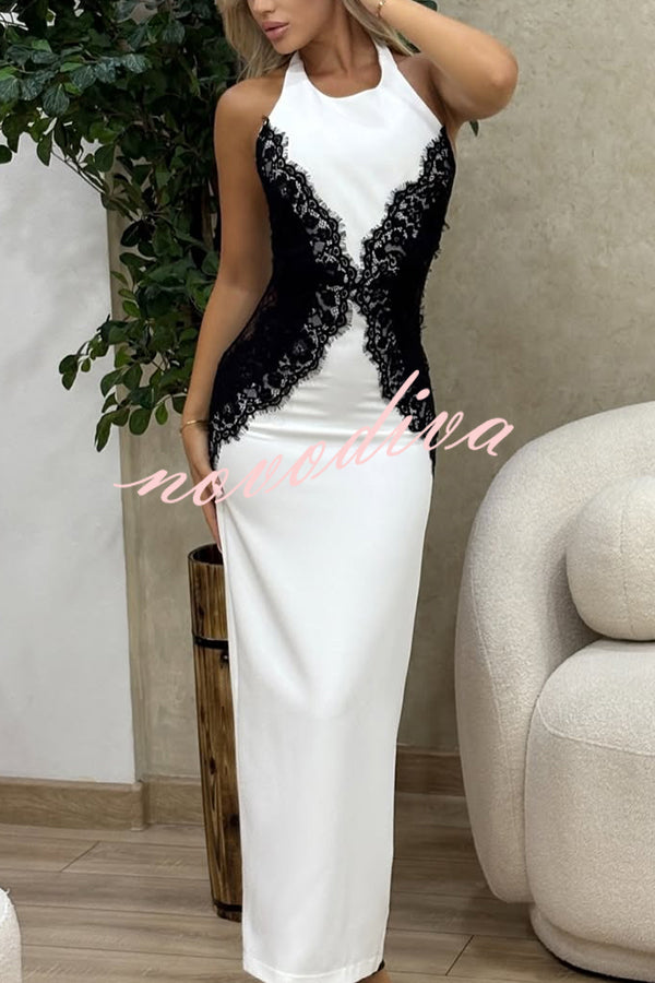 Sexy Halterneck Lace Paneled Backless Slim Maxi Dress