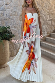 For Every Occasion Satin Pleated Floral Print V-wire Bandeau Neck Maxi Dress
