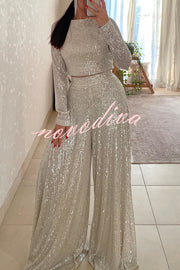 Fashionable Shiny Sequined Long-Sleeved Cropped Top and Casual Wide-Leg Pants Set
