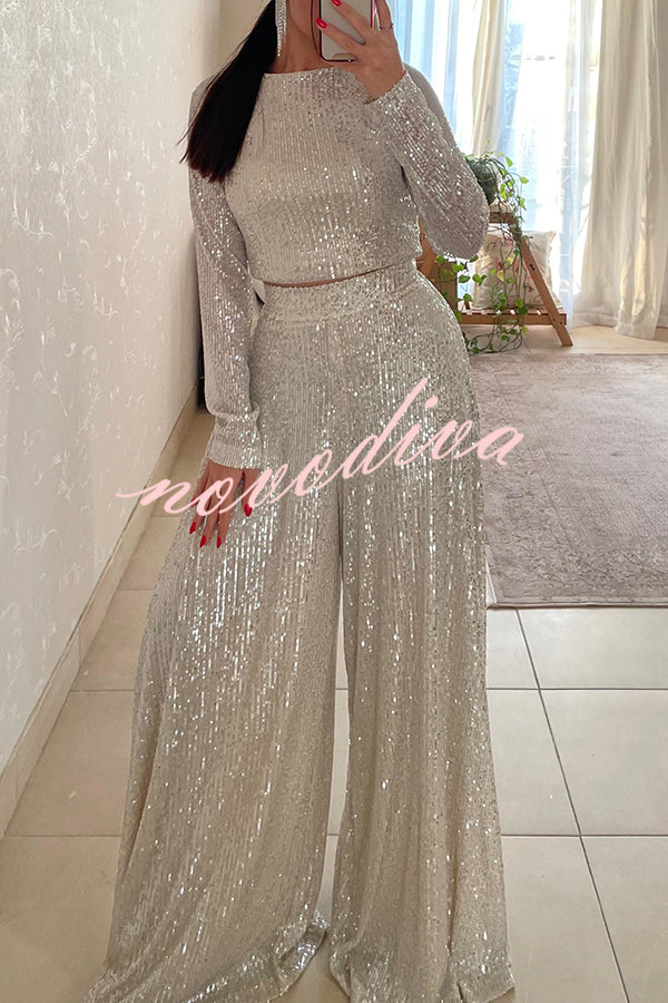 Fashionable Shiny Sequined Long-Sleeved Cropped Top and Casual Wide-Leg Pants Set