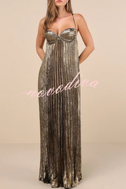 Jaelyn Metallic Fabric Pleated Back Cross Elasticated A-line Maxi Dress