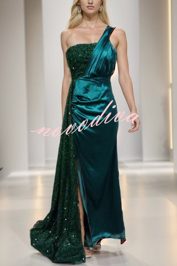 Taylor Sequin Velvet Patchwork One Shoulder Ruched Slit Prom Maxi Dress