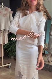 Orozco Knit Organza Bow Button-down Long Sleeve Loose Cardigan