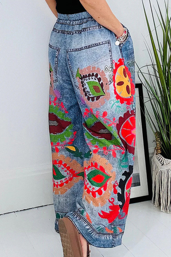 Hippie Style Unique Floral Denim Print Elastic Waist Pocketed Wide Leg Pants