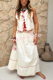Sunny Day Linen Blend Contrast Embroidered Print Smocked Waist A-line Maxi Skirt