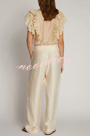 So Chic Linen Blend Buttoned Waist Tiered Pockets Wide Leg Pants