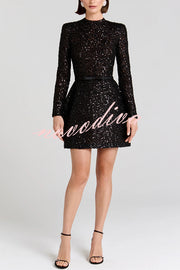 Edie Sequin High Neck Long Sleeve Satin Bow Belted Tulip Mini Dress