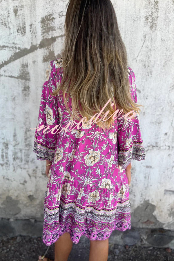 Ethnic Floral Print V-neck Loose Pocket Mini Dress