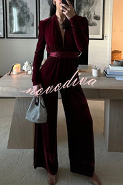 Love One Another Velvet Bow Belted Pocket Cutout Back Loose Jumpsuit