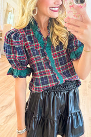 Plaid Print Ruffled Puff Sleeve Casual Shirt