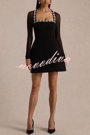 Emmey Jewel Embellished Trim Square-Neck Mesh Long Sleeve Mini Dress