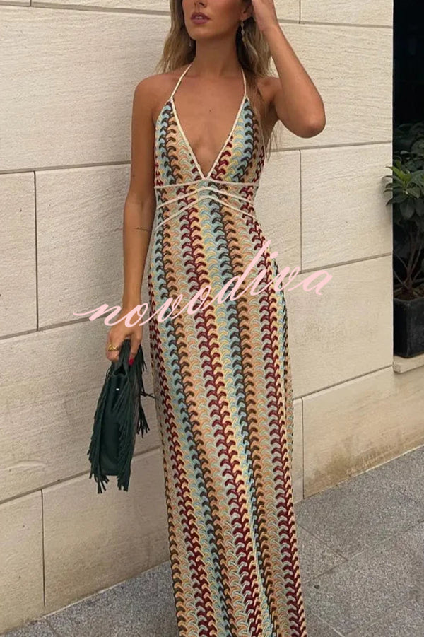 Playful Colorful Knit Holiday Style Halter Neck Maxi Dress