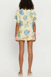 Giselle Linen Blend Floral Print Short Sleeve Shirt and Zipper Mini Skirt Set