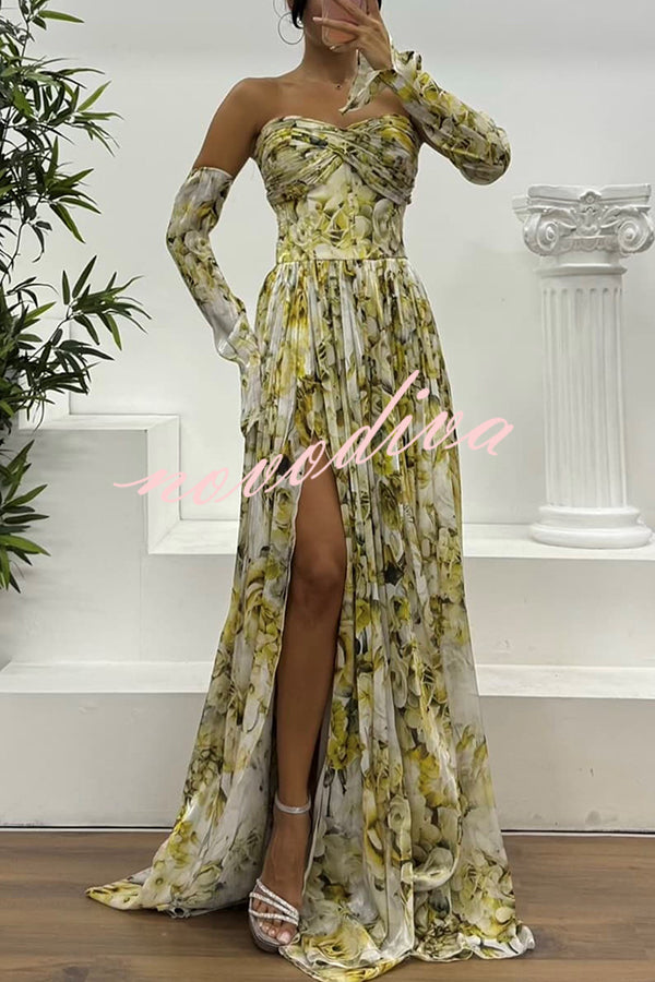 Reina Chiffon Floral Print Pleated Bodice Split Sleeve Strapless Slit Maxi Dress