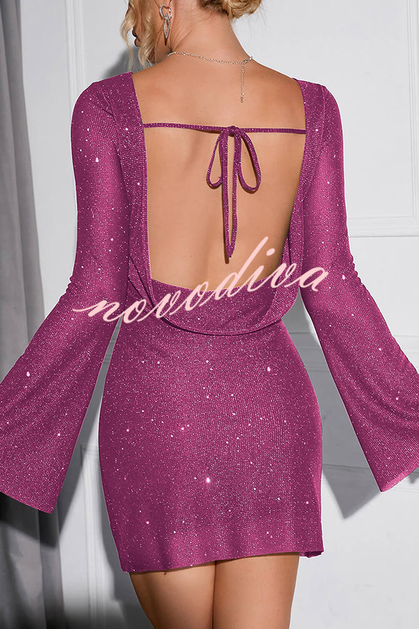 Solid Sequined Open Back Lace Up Mini Dress