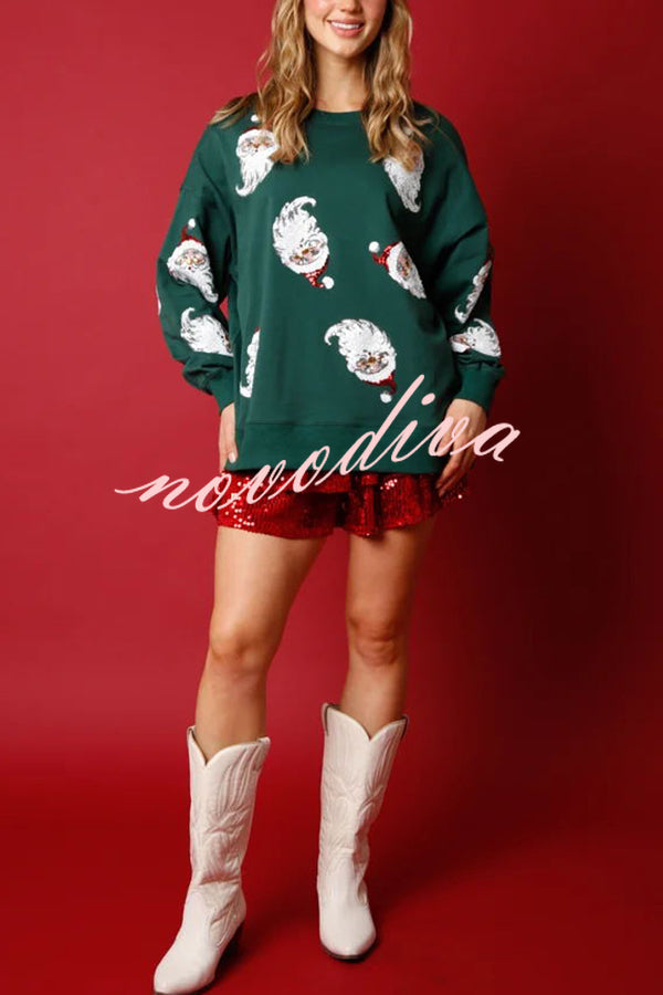 Santa Honey Sequin Christmas Pattern Loose Sweatshirt