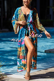 Unique Print Loose Lace Up Holiday Maxi Cover Up