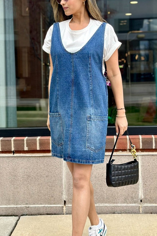 Solid Color Sleeveless V-neck Pocket Adjustable Denim Suspender Mini Dress