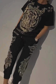 Stylish Tiger Print Short Sleeve Crew Neck Top and Elastic Waist Pocket Pants Set