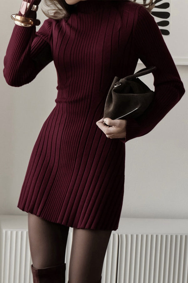 Solid Color Long-sleeved Slim-fit Elegant Knitted Mini Dress
