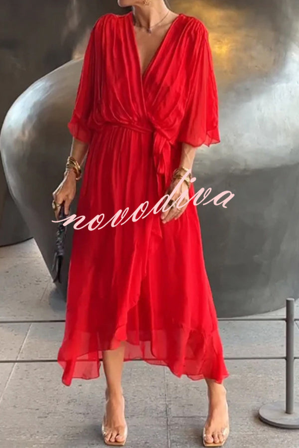 Solid Color V-neck Bat Sleeve Lace-up Irregular Hem Midi Dress