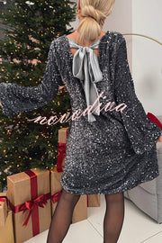 Velvet Sequin Back Bow Bell Sleeves Loose Mini Dress