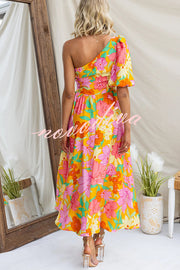 Coriene Floral Print One Shoulder Puff Sleeve Maxi Dress