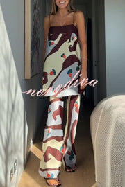 Loving Views Satin Unique Print a-line Tank and Elastic Waist Loose Pants Set