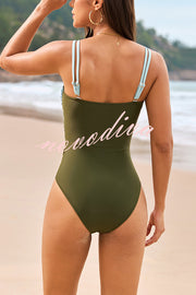 Fashionable Color-blocked Metal Button Stretch One-piece Swimsuit