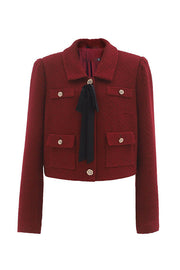 Sweet Dreams Tweed Bow Neck Button Long Sleeve Pocket Crop Jacket