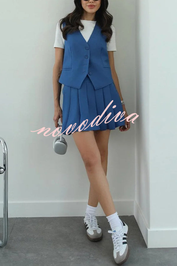 Solid Color Sleeveless Buttoned Vest and High-waisted Pleated Mini Skirt Set