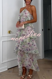 Cocktail Party Sheer Floral Georgette Halter Flowy Tiered Maxi Dress