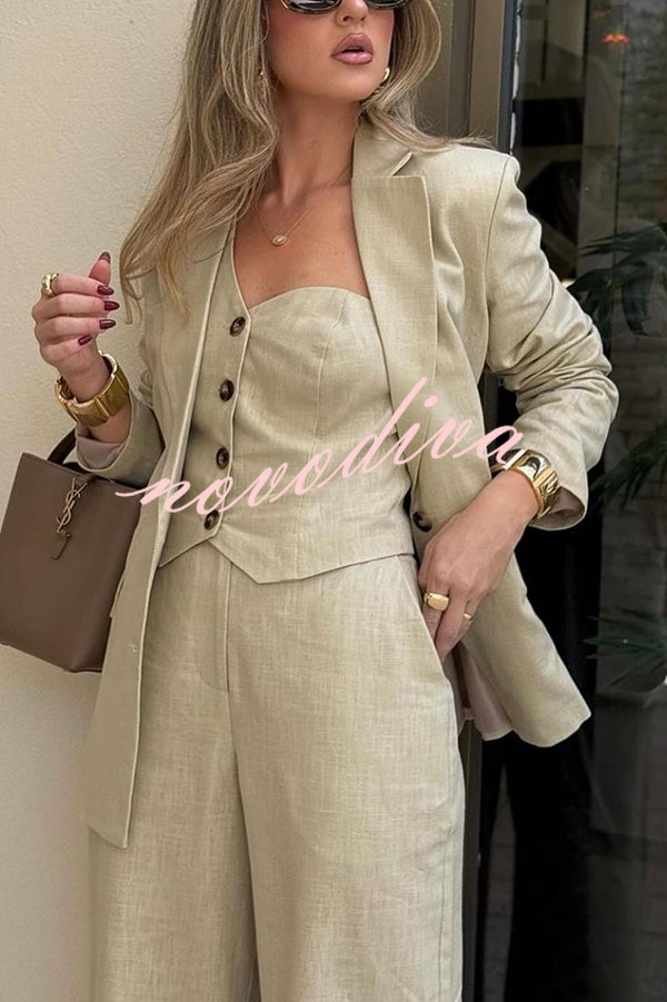 Solid Color Lapel Blazer + Slim Waistcoat and Pocket Wide-leg Pants Three-piece Set