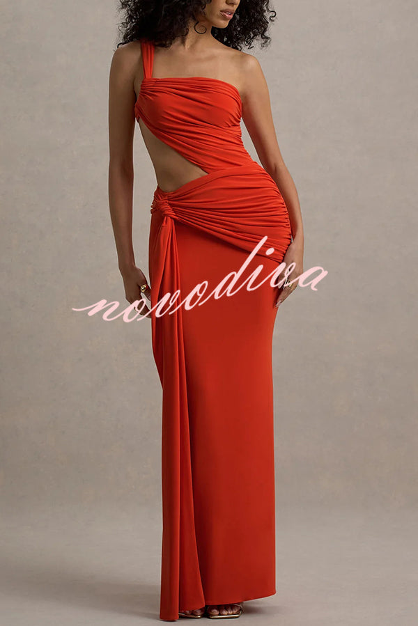 Sexy One-shoulder Backless Ribbon Pleated Slim Maxi Dress